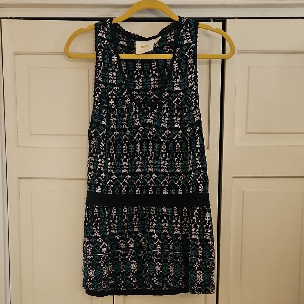 Anthropologie Maeve Navy and Green Textured Floral Patterned Tank Top